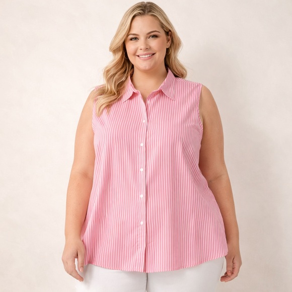 ALC Woman Pink White Stripe Sleeveless Button Down Blouse 3X Wrinkle Free - Picture 2 of 8